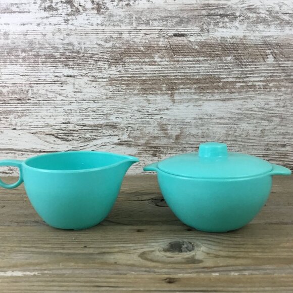 Vintage Lustro-Ware Turquoise Creamer & Sugar Bowl with Lid – Plastic USA MCM - Picture 1 of 8